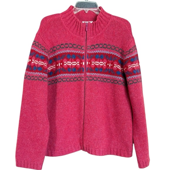 Talbots Wool Fair Isle Red Full Zip Cardigan Sweater Women’s Size L - Picture 4 of 14